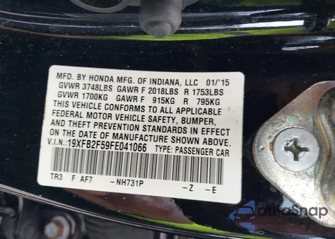 2015 Honda Civic Lx z USA, uszkodzony, nr VIN 19XFB2F59FE041066